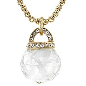 Round White Crystal, Gold Tone Drop Necklace. Measures approximately 1.23"W with